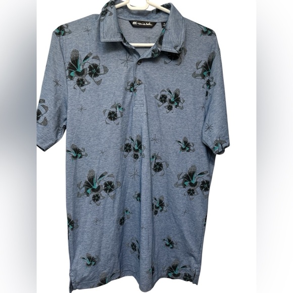TRAVIS MATHEW BLUE FLORAL PRINT SHORT SLEEVE 3 BUTTON GOLF POLO SHIRT NWOT - Picture 1 of 5